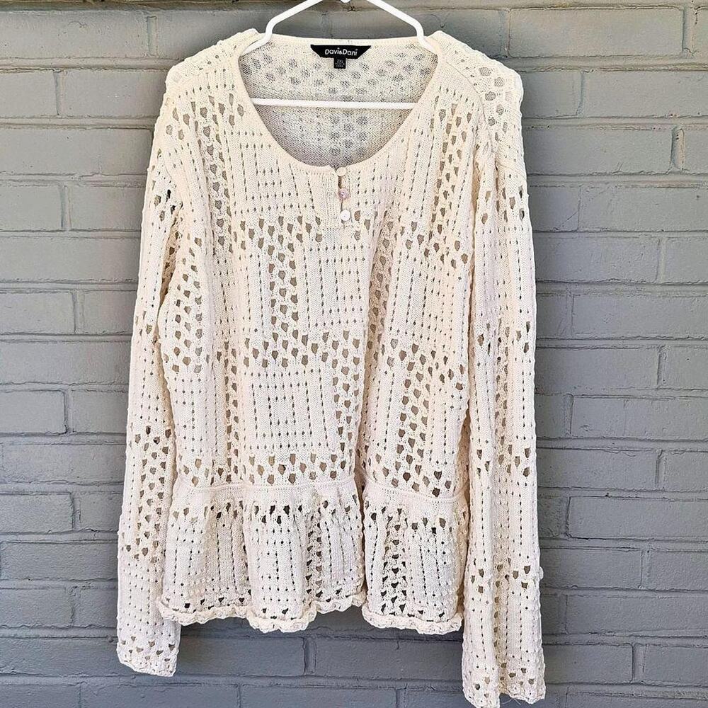Davi & dani cream open stitch crochet peplum sweater